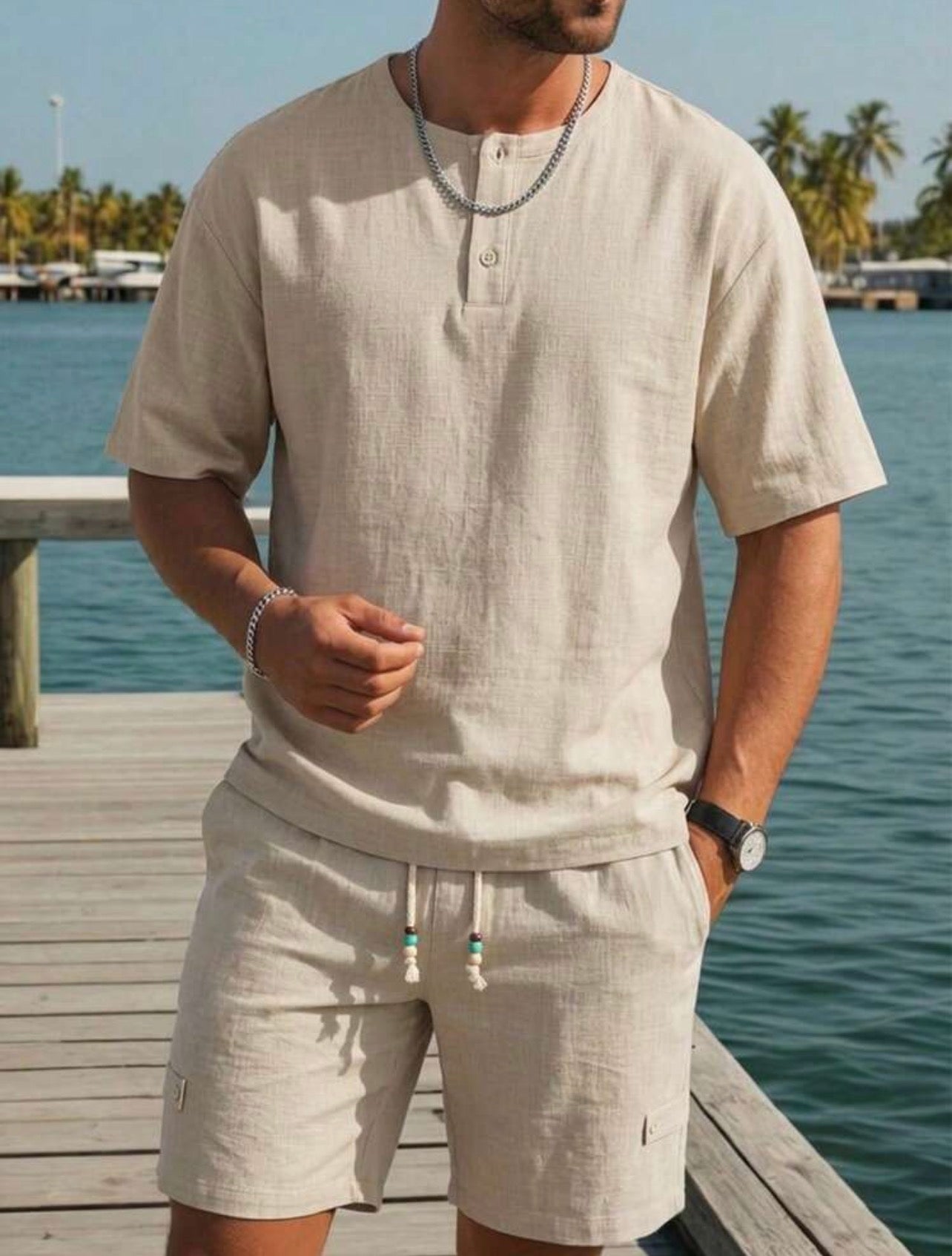 Men’s Linen-Look Henley Neck Polo Shirt & Shorts Two-Piece Set – Casual Summer Outfit