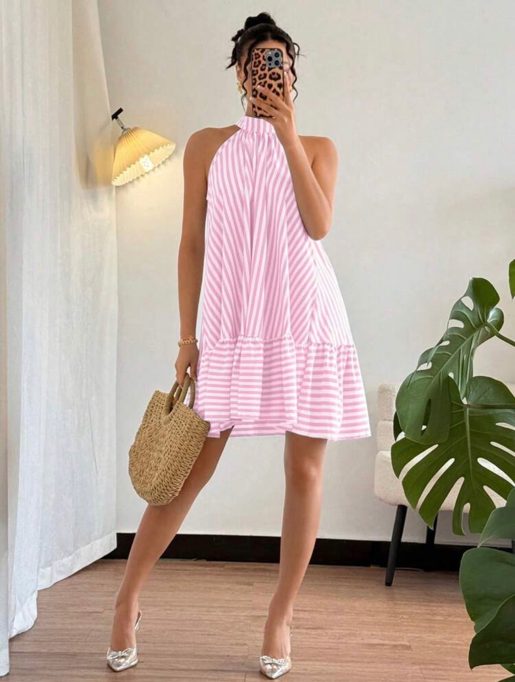 Elegant Halter Neck Sleeveless Cold Shoulder Striped Ruffle Hem Dress