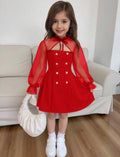 Girls Bow Detail Black A-Line Dress with Mesh Flare Sleeves & Turtleneck Design