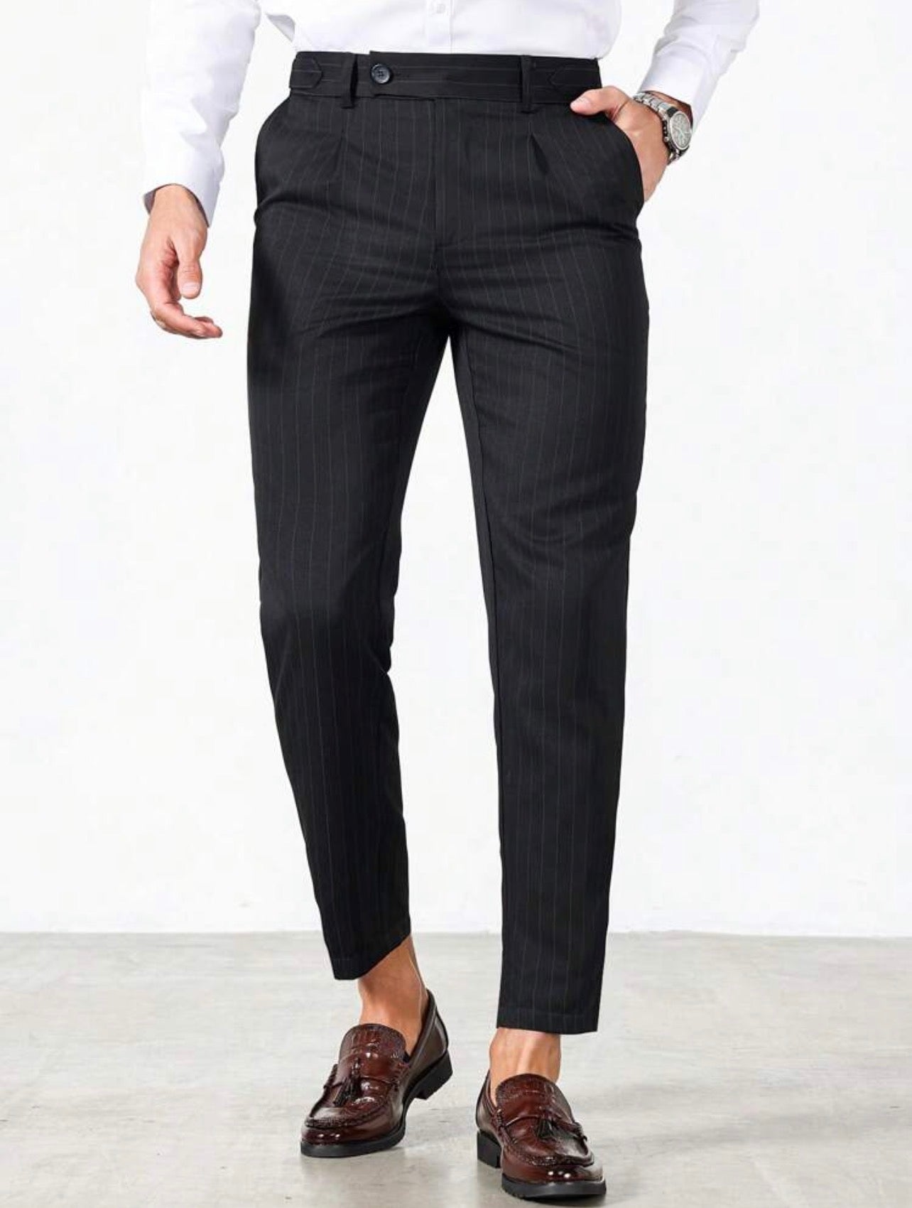 Men’s Vertical Striped Tapered Suit Pants – Business Casual Formal Trousers
