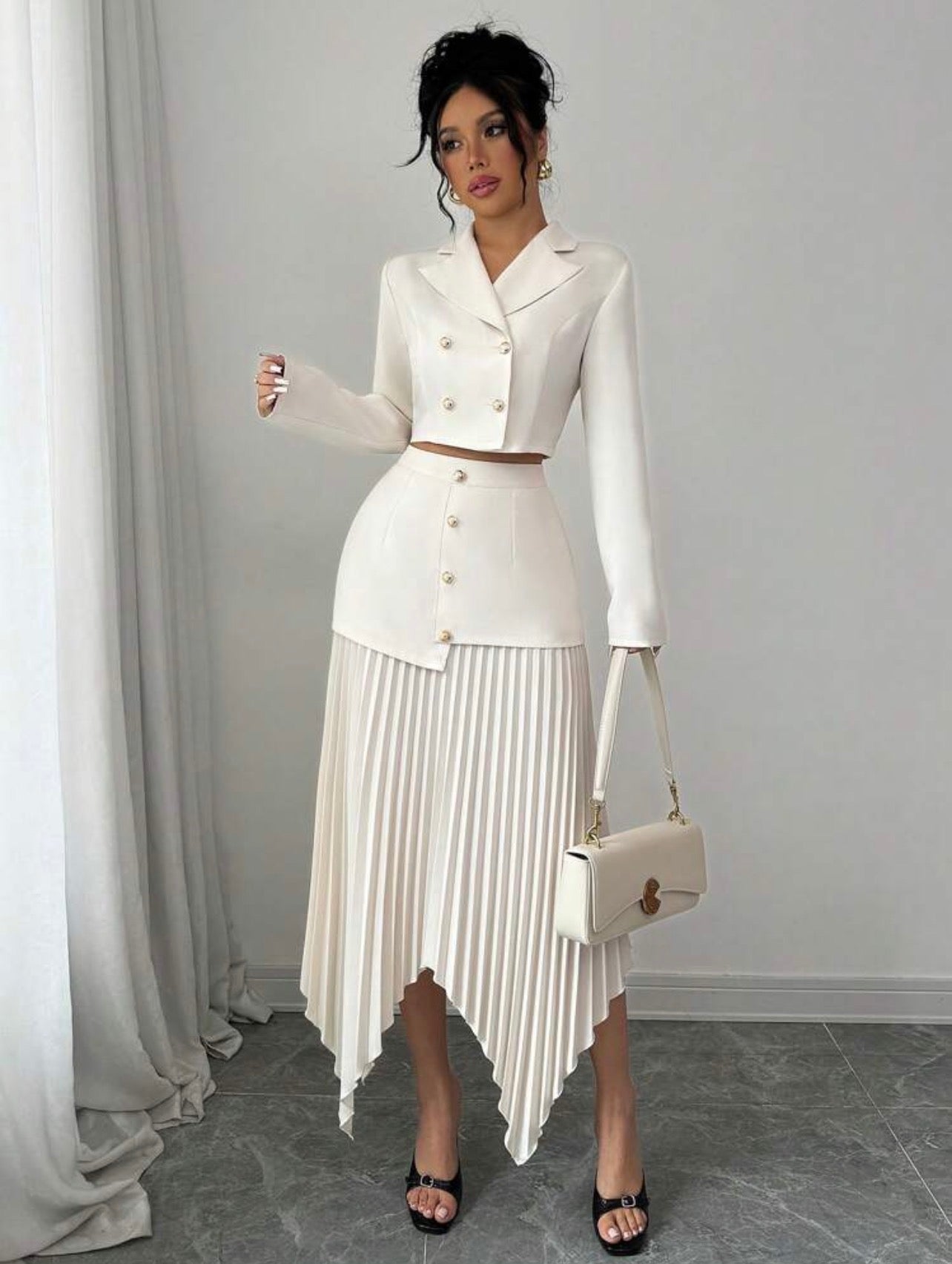 Women’s Blazer Collar Button-Up Gathered Waist Pleated Asymmetrical Two-Piece Elegant Set