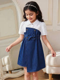 Girls Elegant Collar Top & Irregular Denim Skirt Dress with Belt
