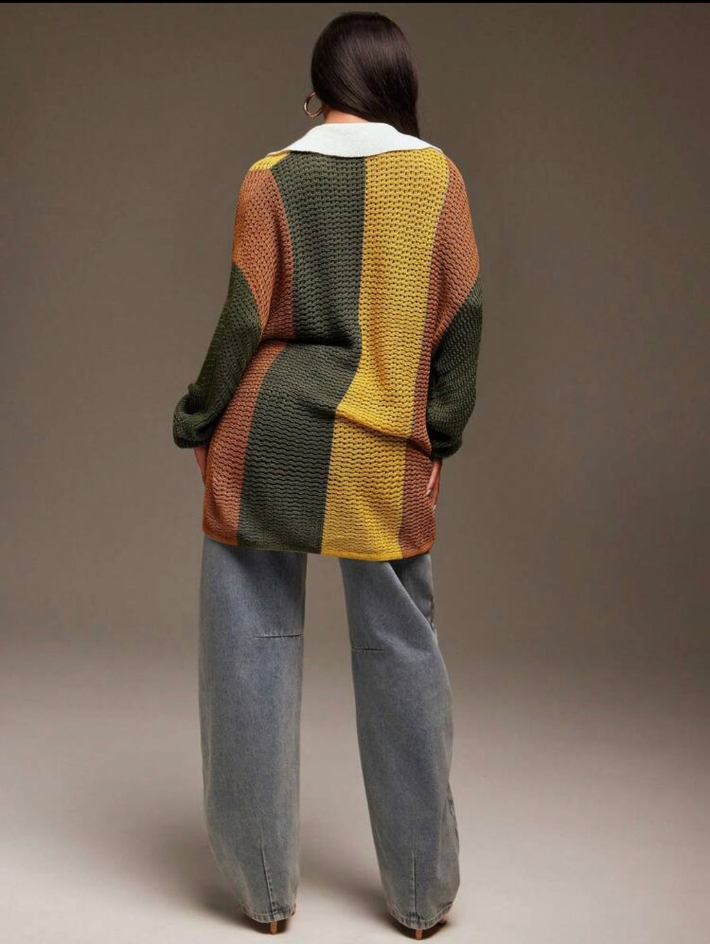 Women’s Collared Oversized Striped Knit Long Sleeve Top – Casual Streetwear