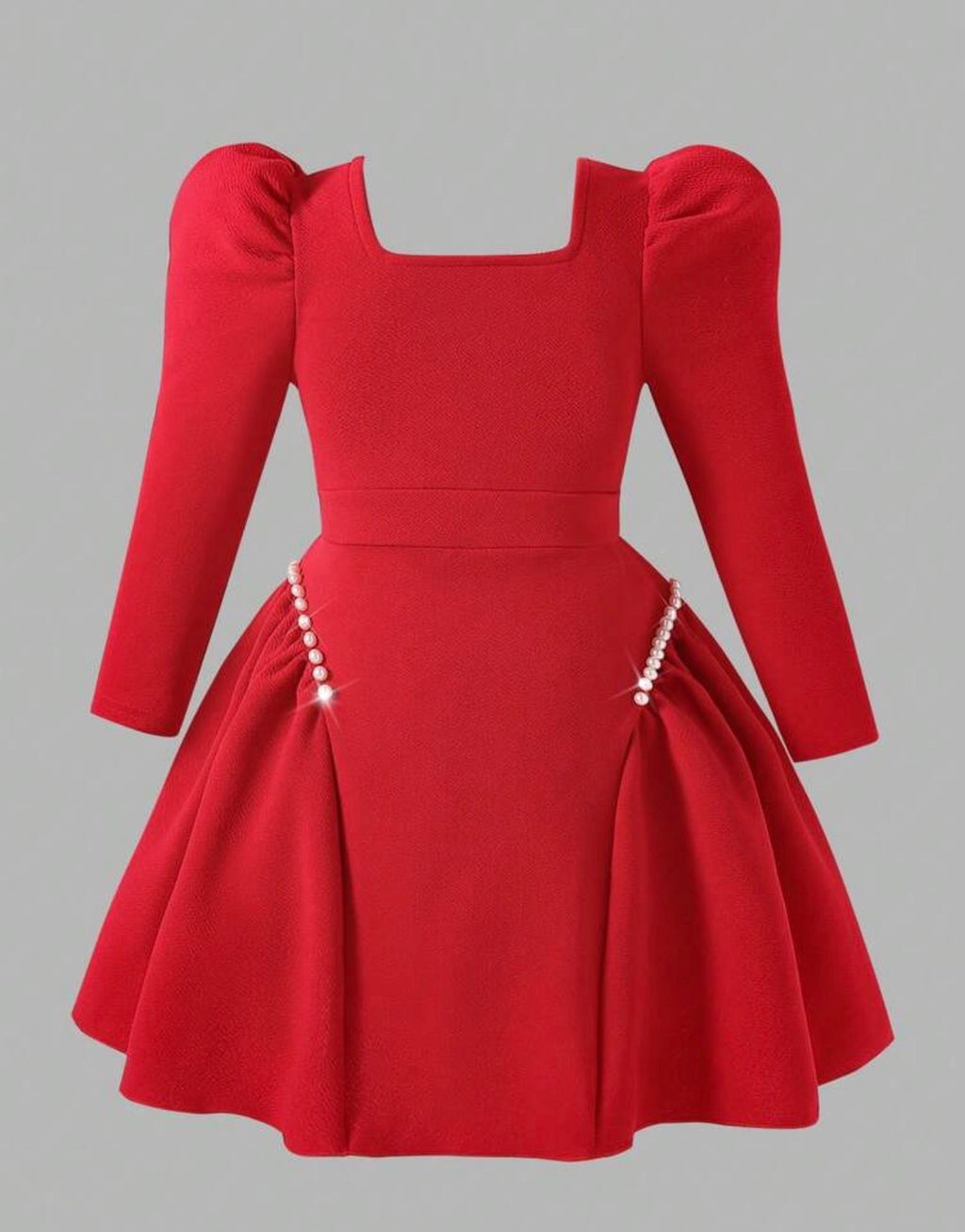 Girls Red Textured Knit Puff Sleeve Dress with Beaded Ruffle Hem