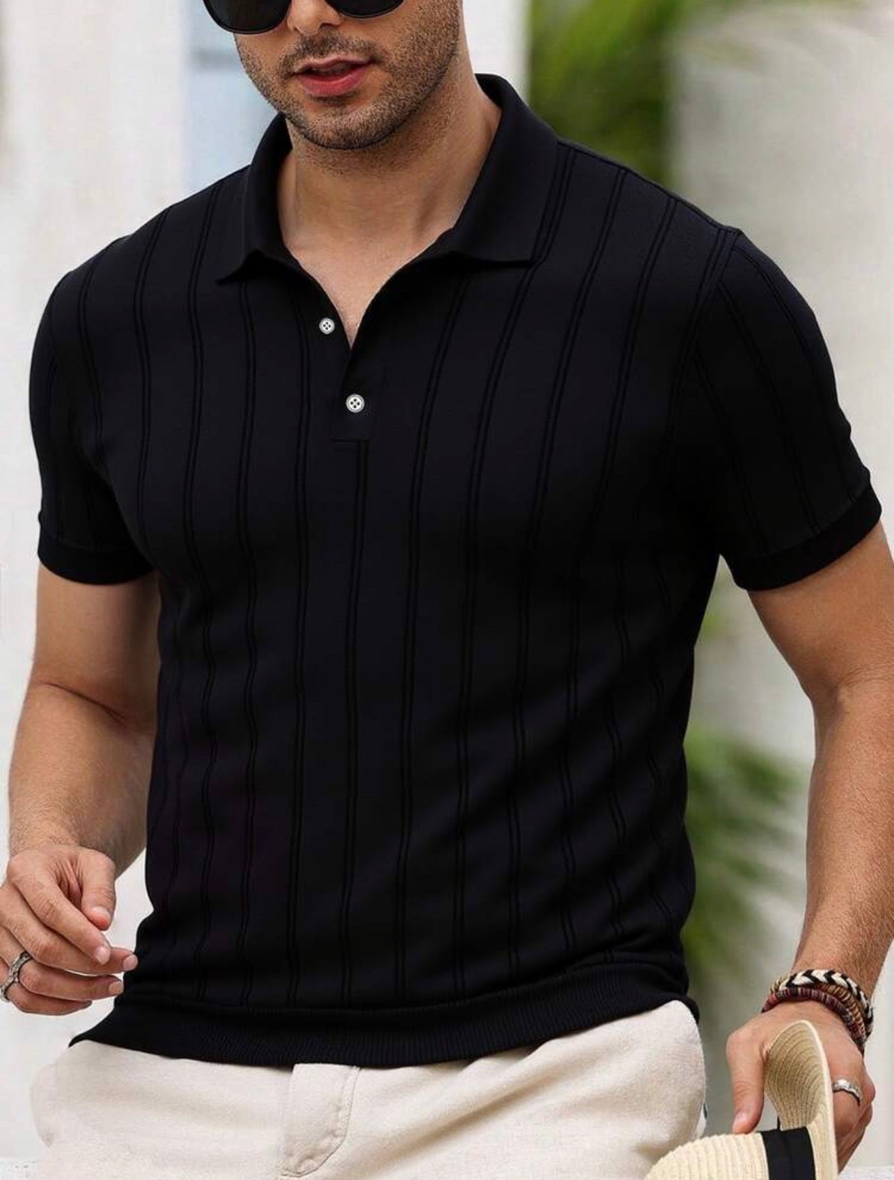 Men’s Ribbed Knit Polo Neck Short Sleeve Top – Casual Daily Wear Shirt