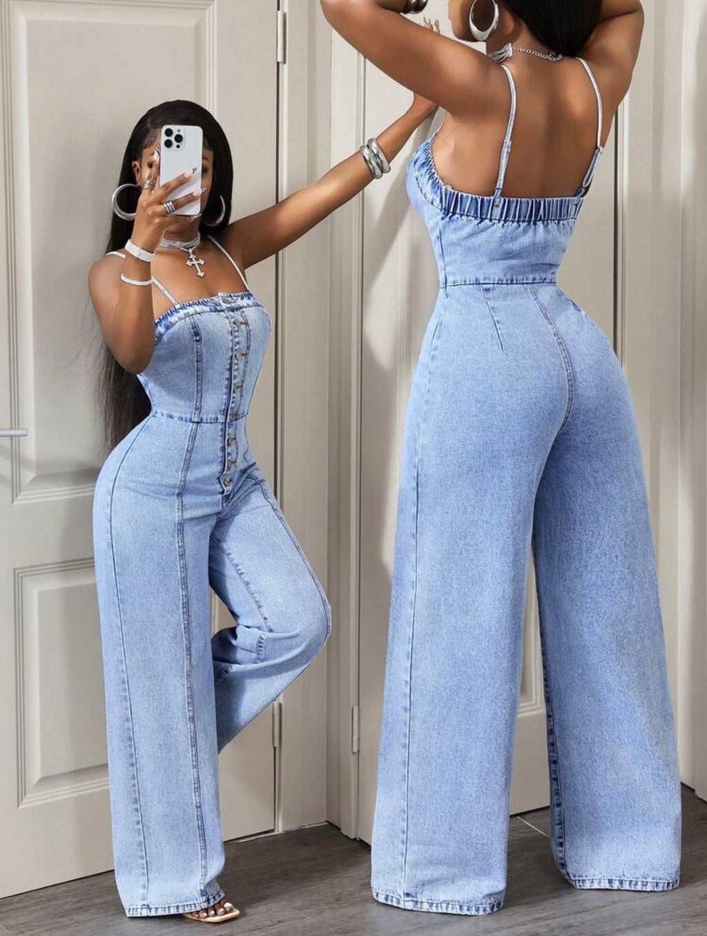 Women’s Front Button Strap Denim Jumpsuit – Casual Cotton One-Piece Outfit