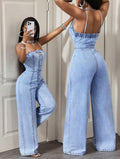 Women’s Front Button Strap Denim Jumpsuit – Casual Cotton One-Piece Outfit