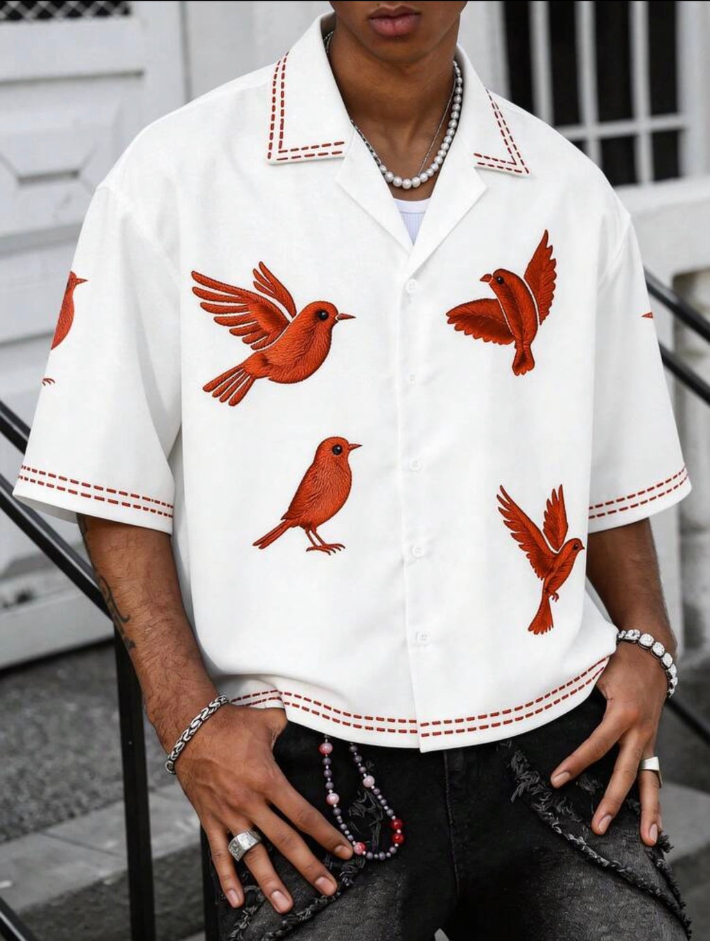Men’s Bird Print Cuban Collar Short Sleeve Oversized Shirt – Casual Summer Beach Top