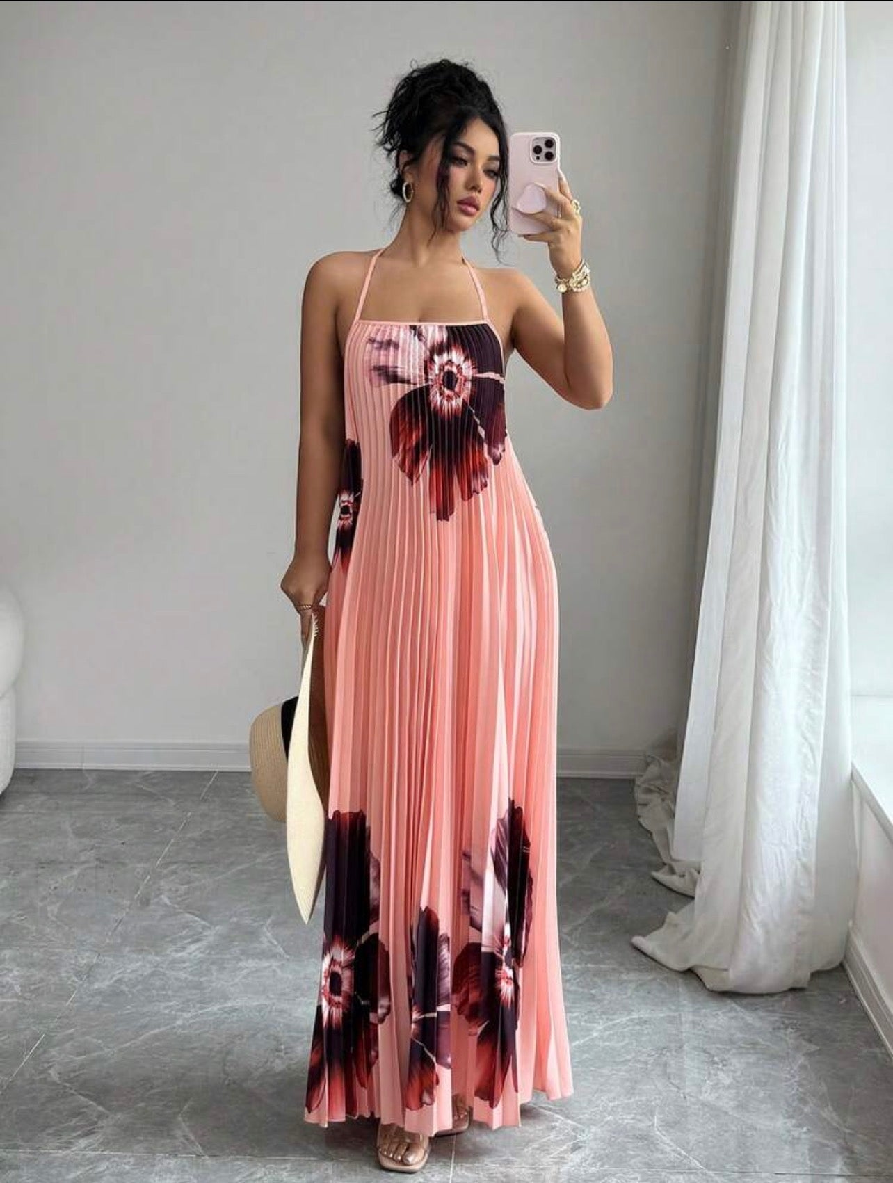 Women’s Loose Fit Pleated Printed Maxi Dress – Elegant Casual Vacation Style