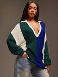 Women’s Collared Oversized Striped Knit Long Sleeve Top – Casual Streetwear