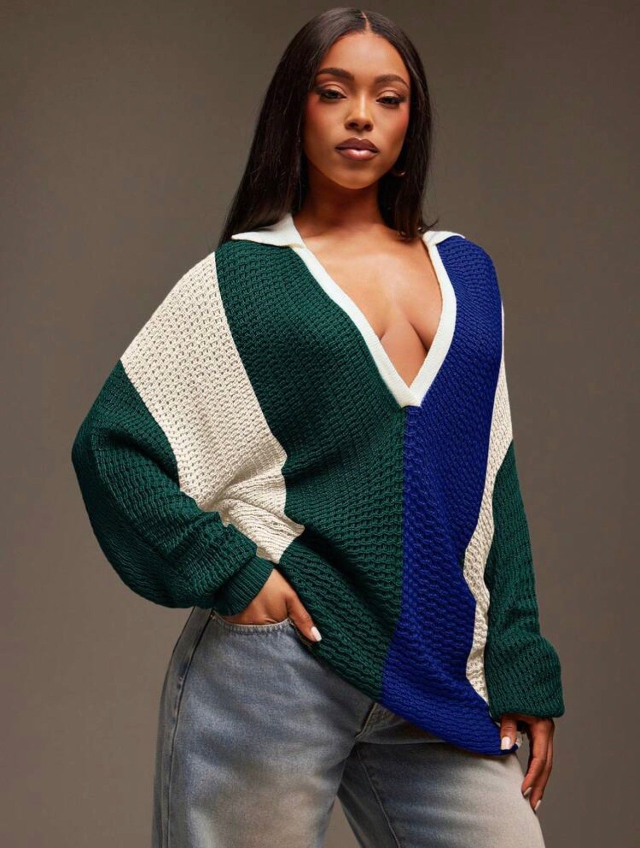 Women’s Collared Oversized Striped Knit Long Sleeve Top – Casual Streetwear