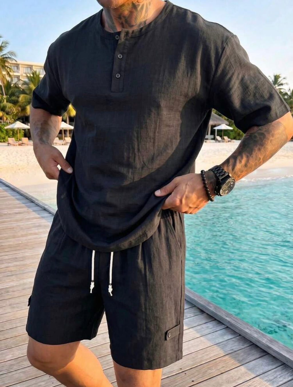 Men’s Linen-Look Henley Neck Polo Shirt & Shorts Two-Piece Set – Casual Summer Outfit