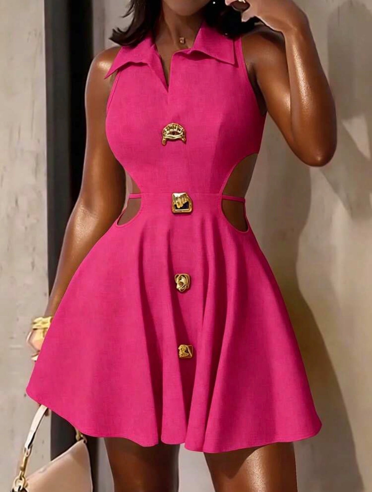 Women’s Elegant Sleeveless Lapel A-Line Dress with Asymmetrical Hem & Metal Buckle Detail