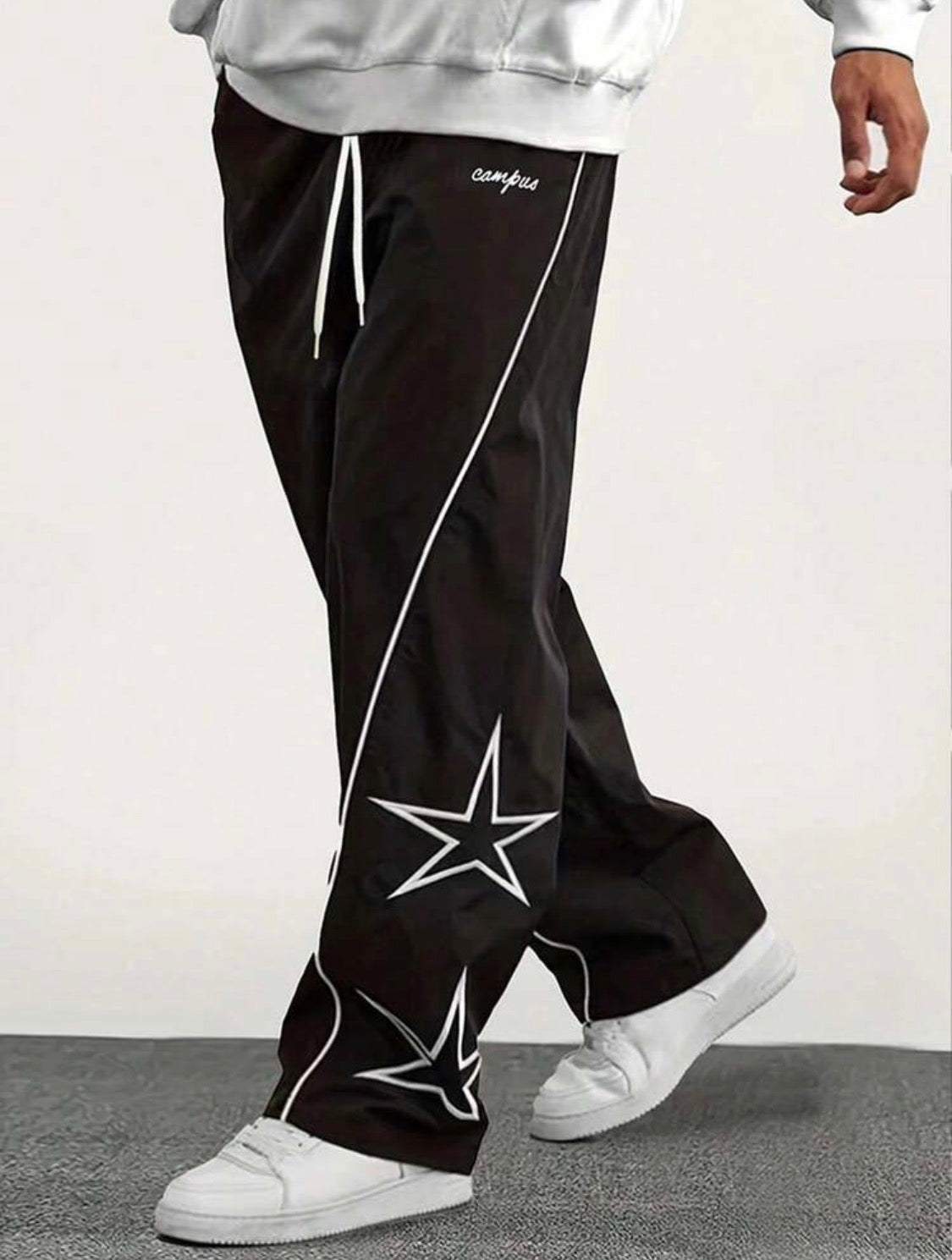 Men’s Straight-Leg Loose Fit Sweatpants with Star & Letter Print – Casual Streetwear Style for Fall