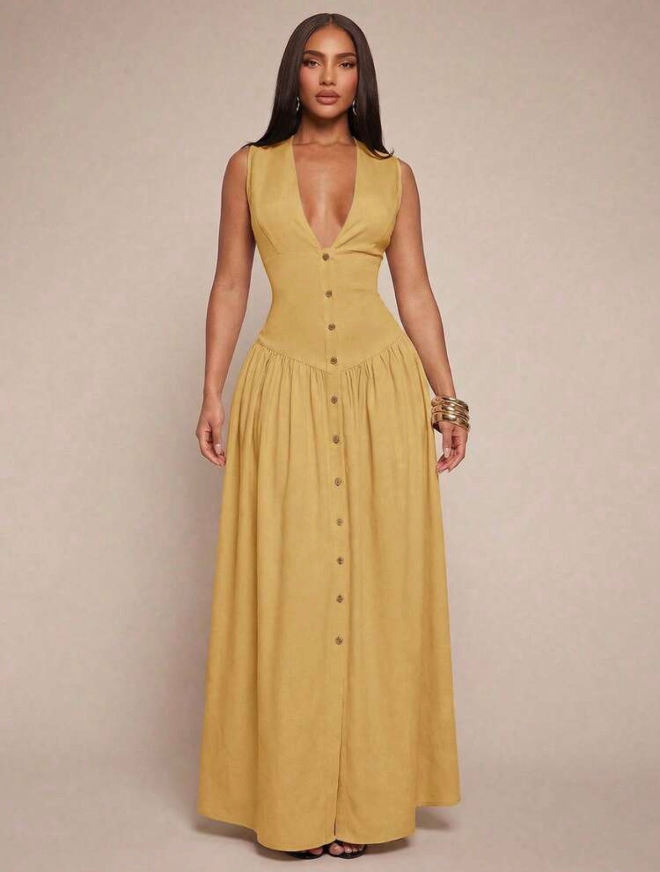 Elegant Minimalist V-Neck Sleeveless Waist-Cinched Button Front Flowy Dress for Women