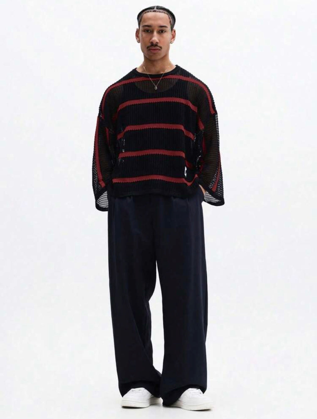 Men’s Horizontal Striped Mesh Knit Sweater – Long Sleeve Crew Neck Pullover