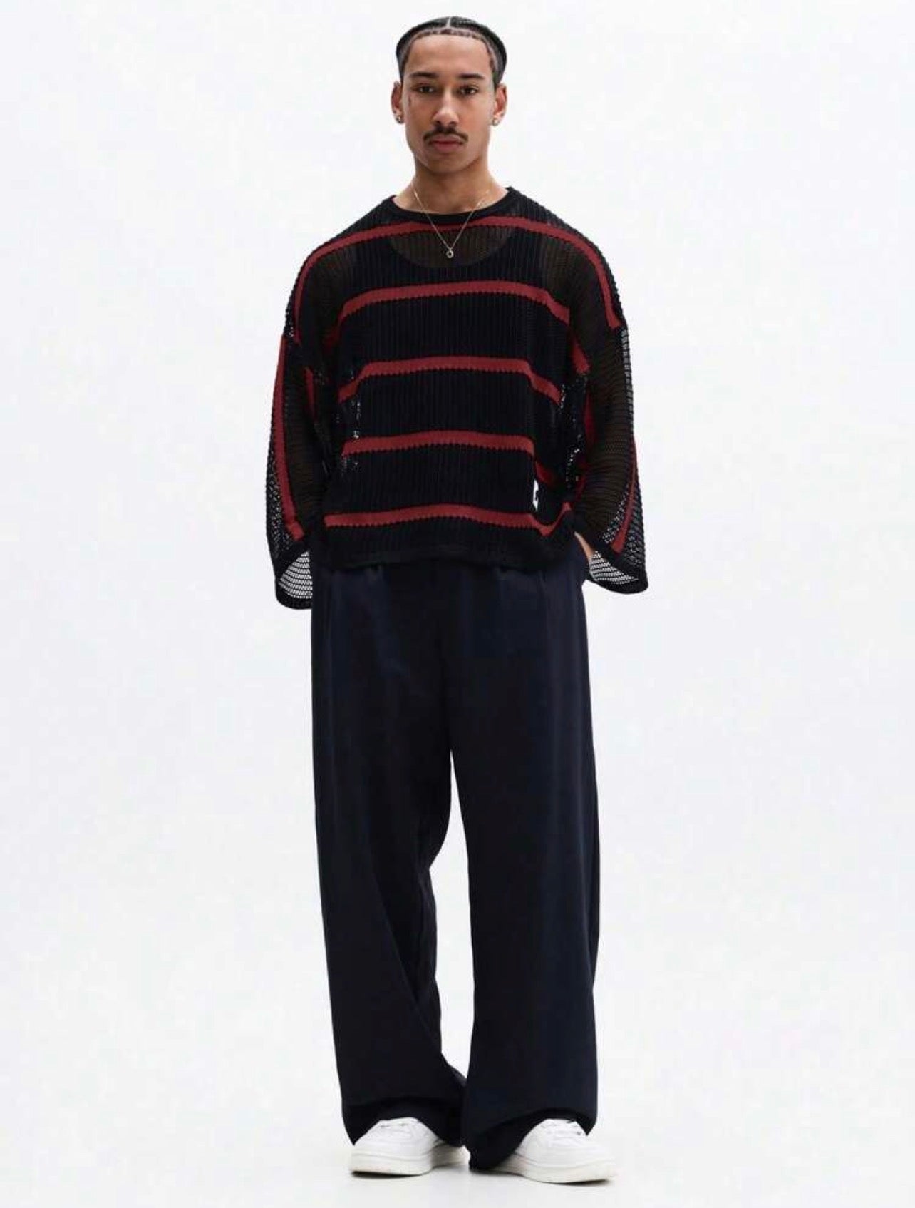 Men’s Horizontal Striped Mesh Knit Sweater – Long Sleeve Crew Neck Pullover