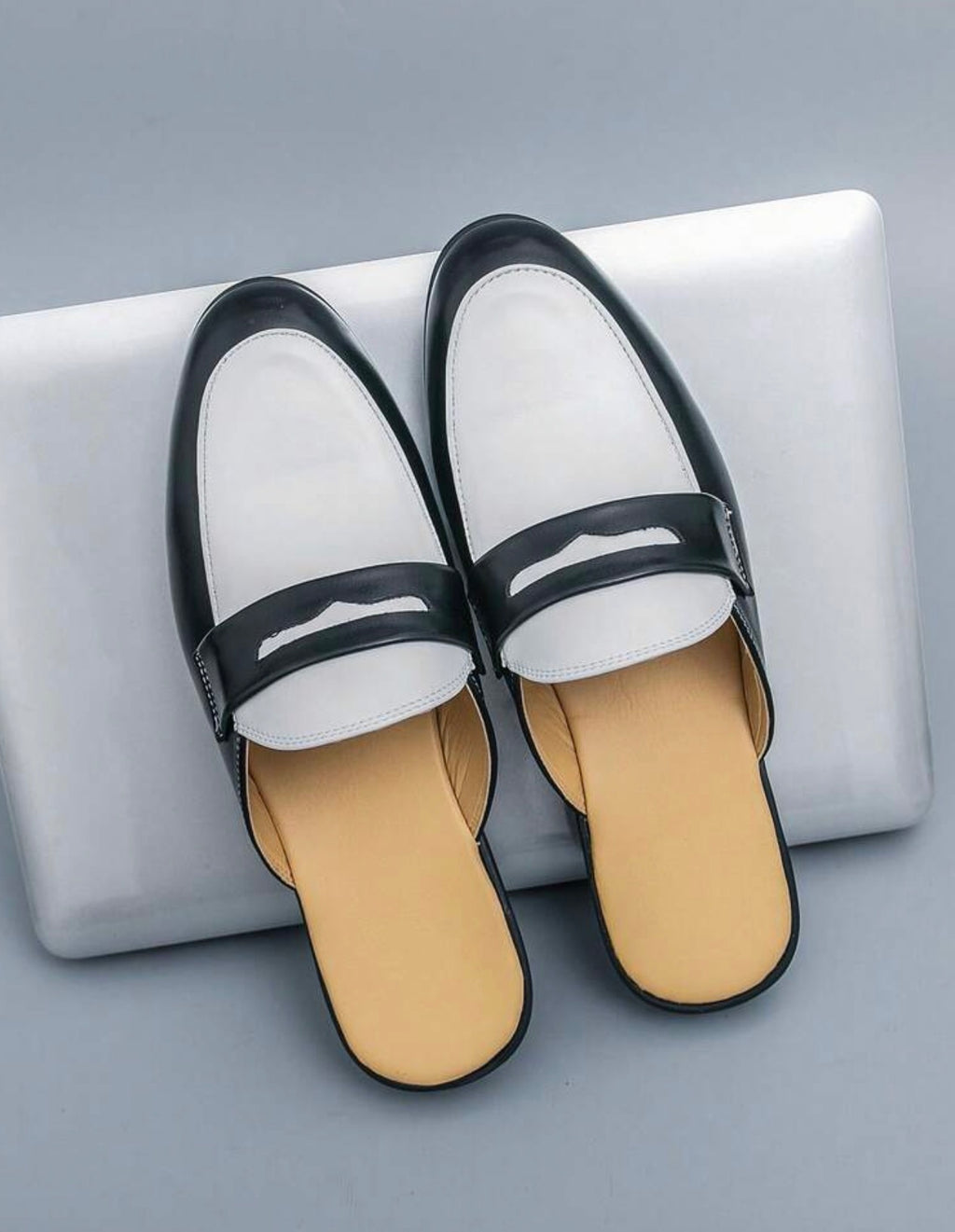 Men’s Classic Black & White Leather Slip-On Mule Sandals