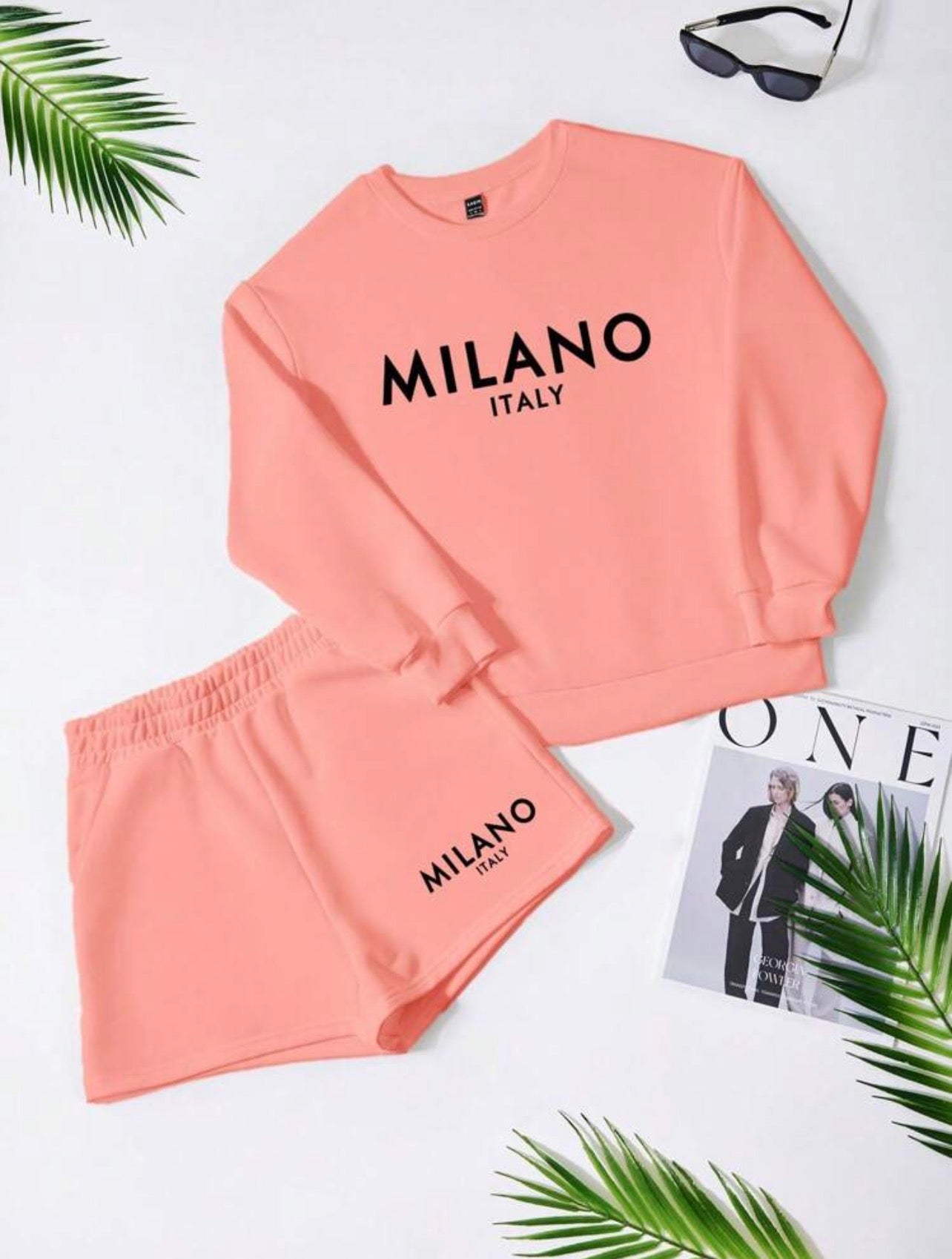 Women’s Letter Print Crew Neck Long Sleeve Top & Shorts Two-Piece Set