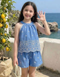 Girls Pink Halter Tank Top with Back Bow & Embroidered Shorts Matching Set