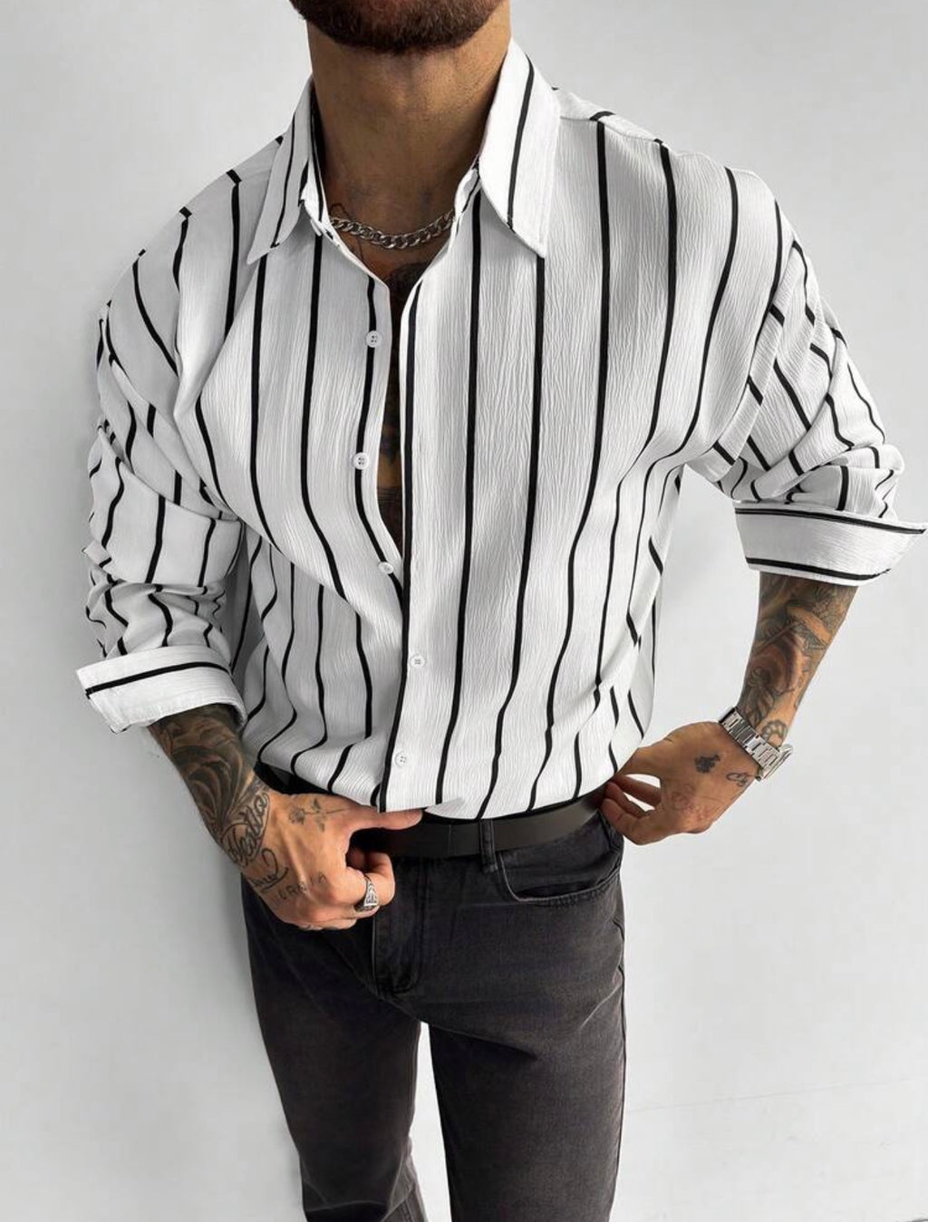 Men’s Classic Striped Linen-Feel Long Sleeve Button-Down Shirt – Casual Office Top
