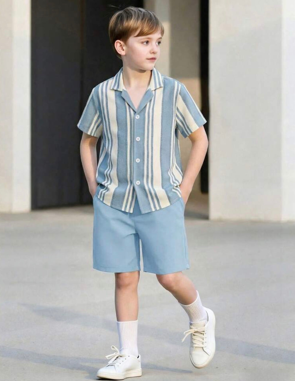 Boys Vertical Stripe Short Sleeve Shirt & Solid Shorts Casual Summer Set
