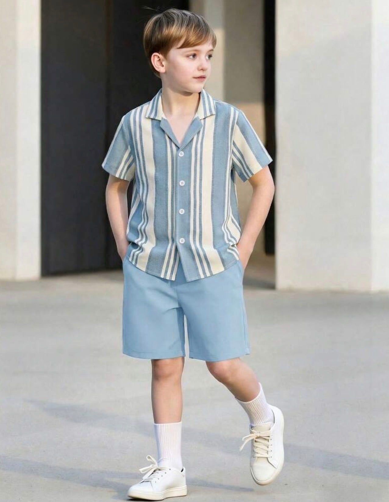 Boys Vertical Stripe Short Sleeve Shirt & Solid Shorts Casual Summer Set
