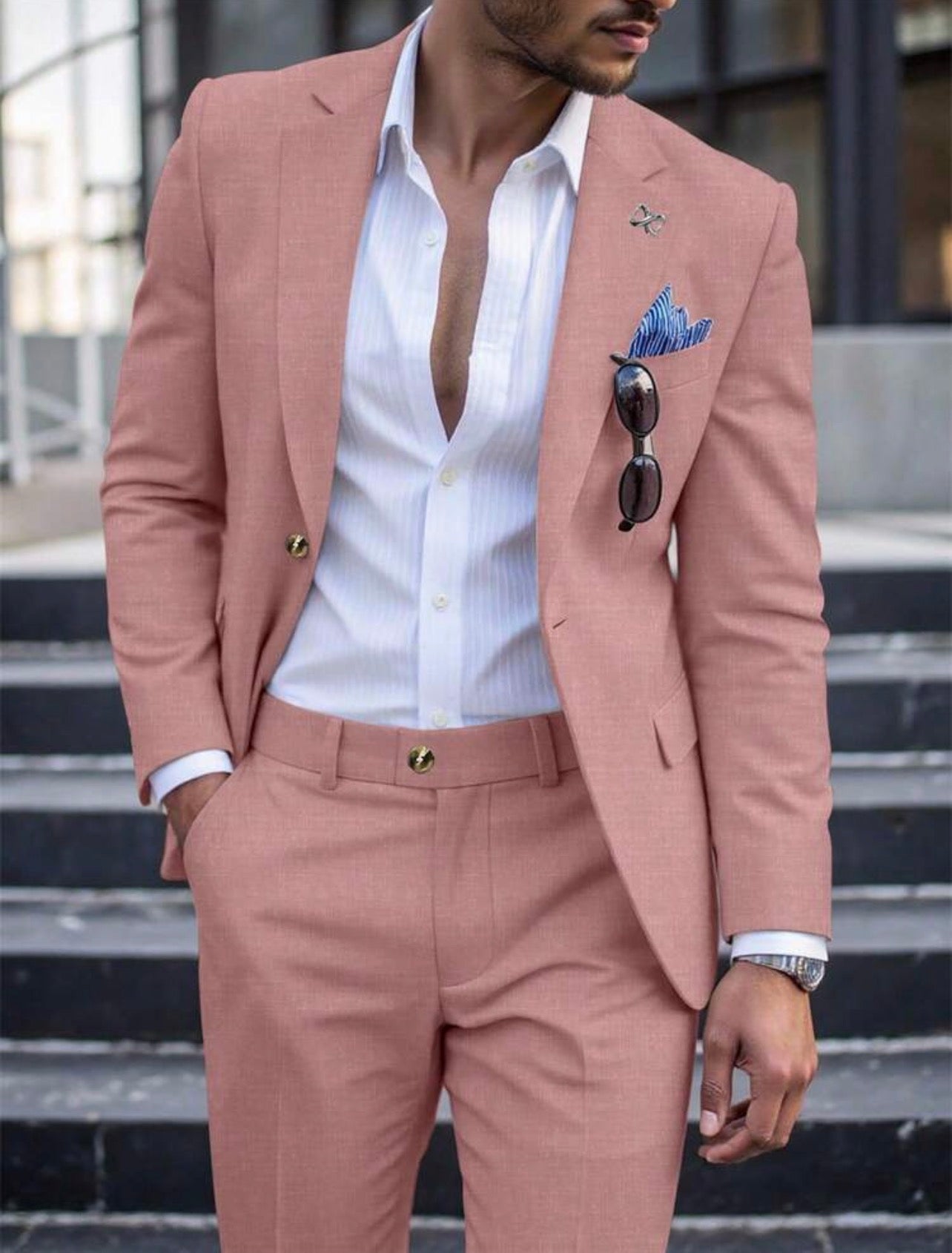 Men’s Solid Color Two-Piece Suit Set – Casual Business Blazer & Pants
