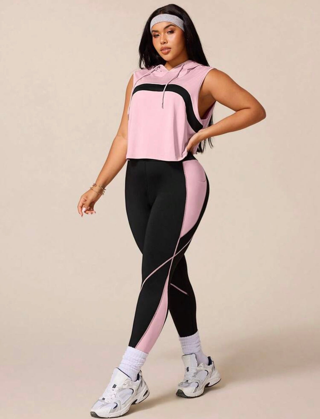 Women’s Plus Size Hooded Sleeveless Workout Set with Contrast Leggings
