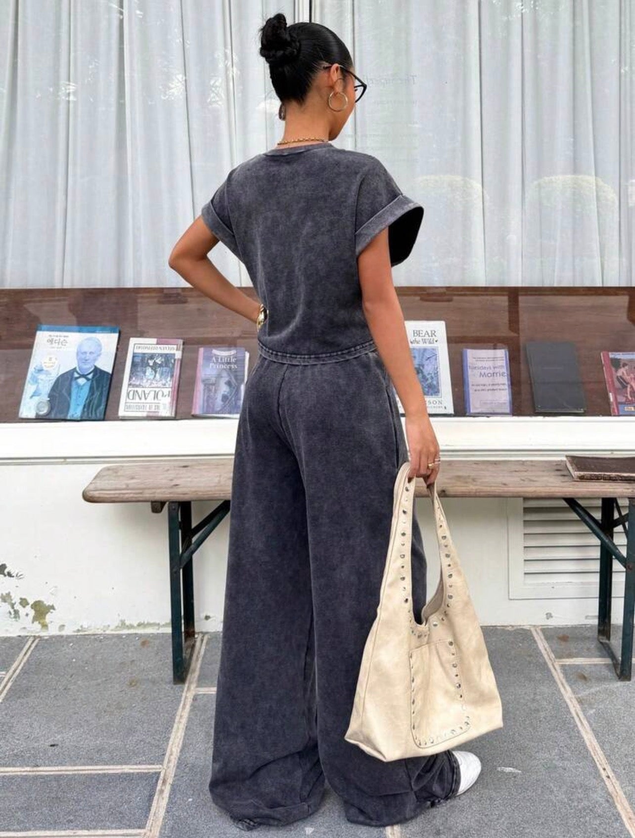 Women’s Vintage Washed Embroidered Loose T-Shirt & Wide Leg Pants Two-Piece Set