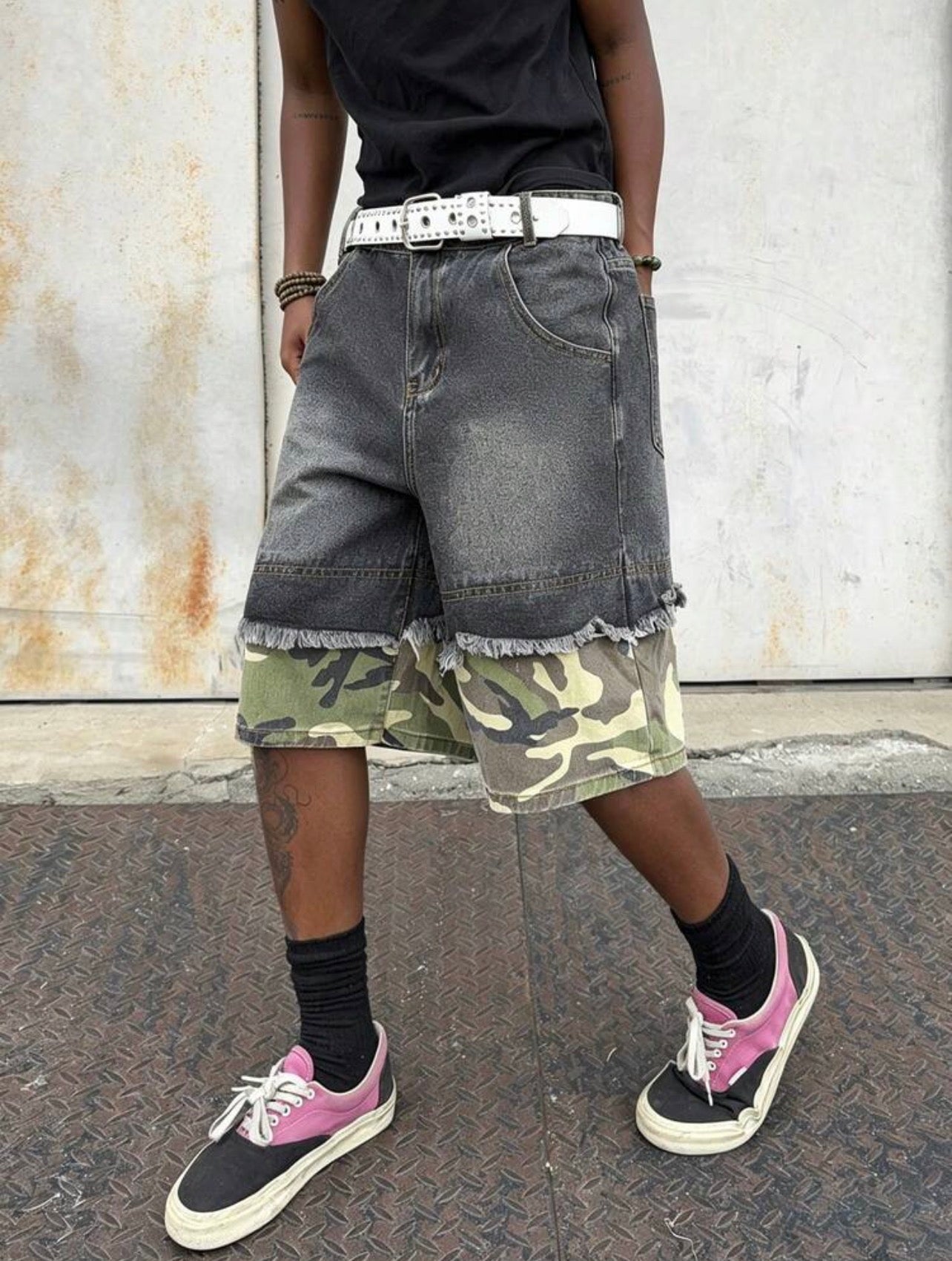 Men’s Distressed Waist Belt Wide Leg Denim Shorts – Casual Streetwear Bottoms