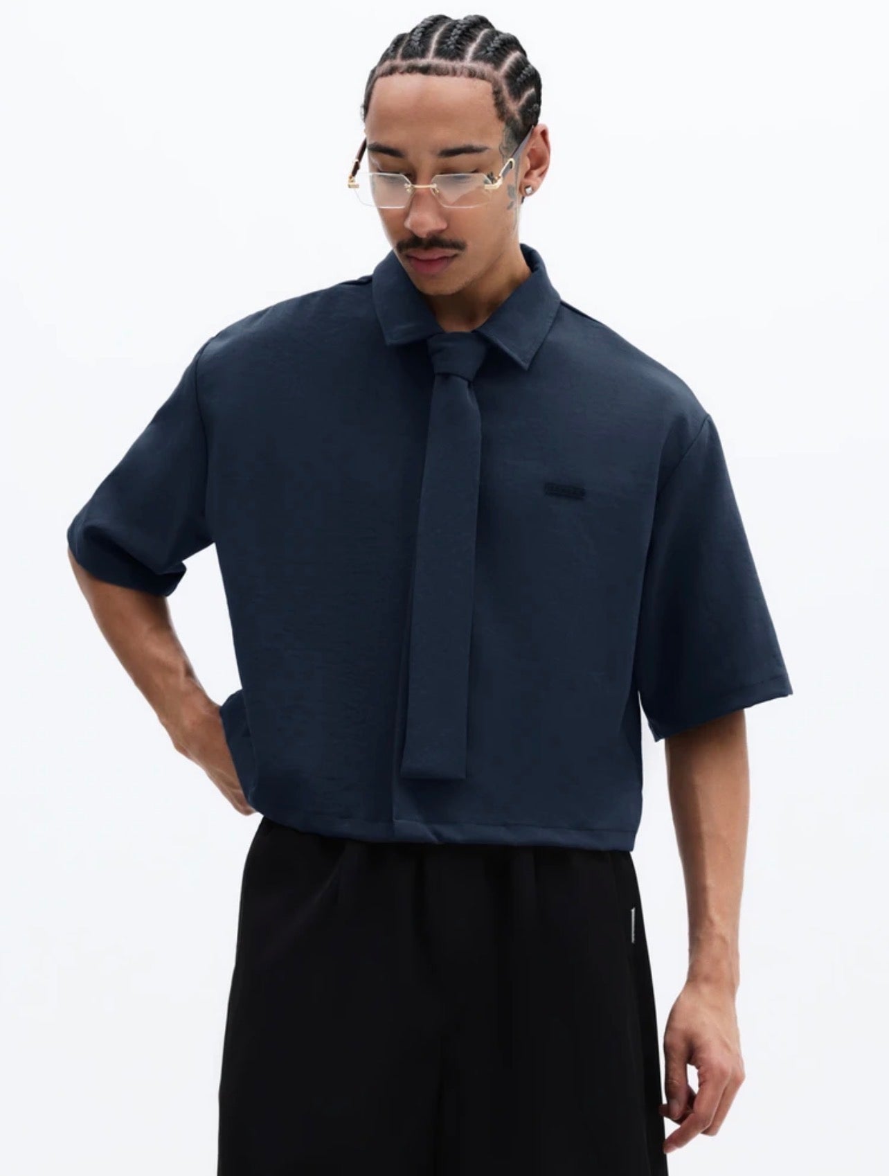 Men’s Cropped Button-Down Short Sleeve Shirt with Tie Detail – Casual Business Top