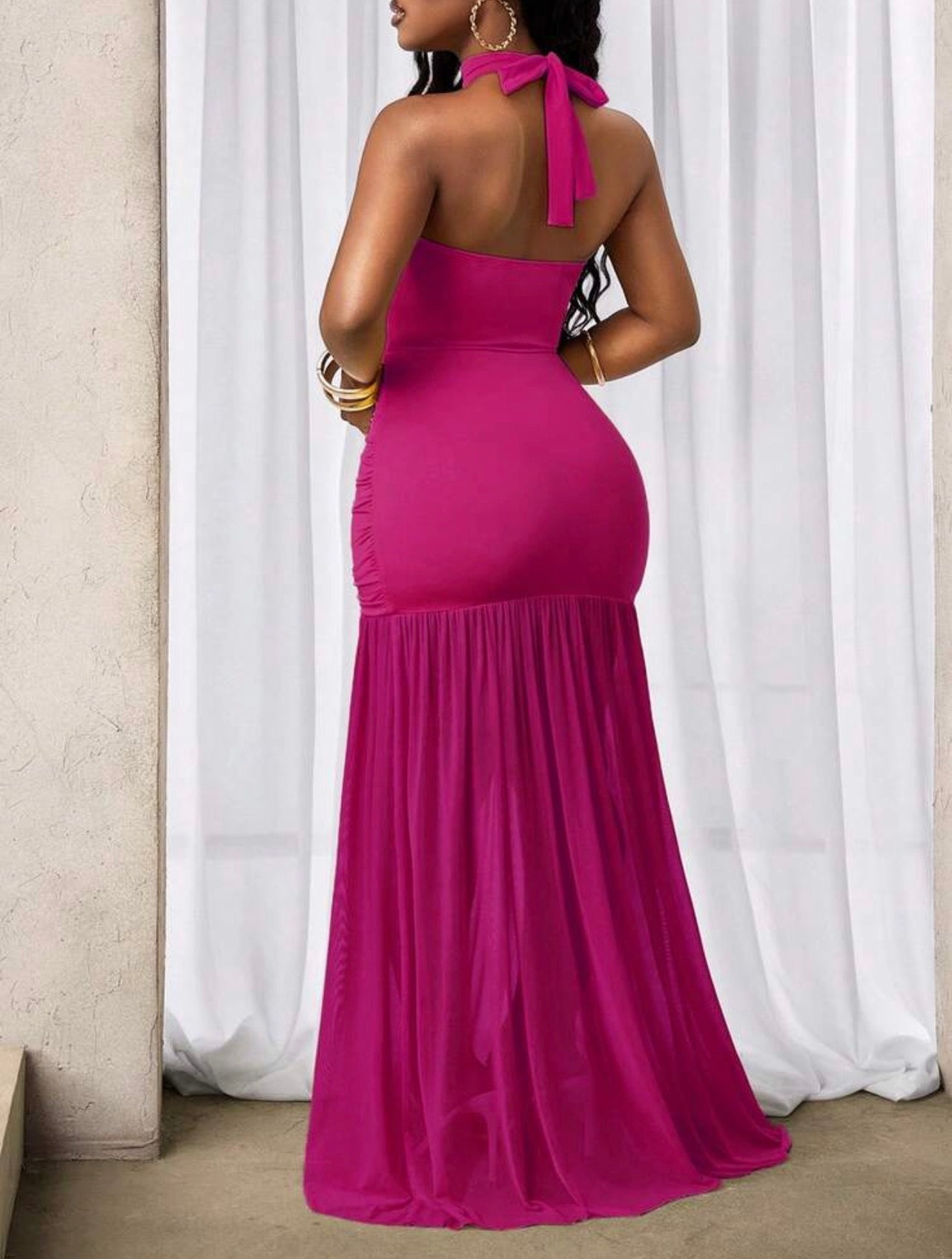 Women’s Pleated Halter Neck Tie Elegant Dress
