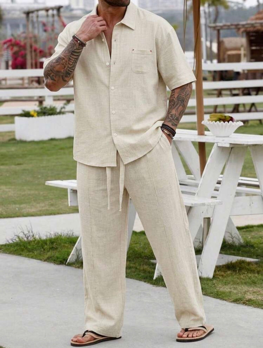 Men’s Linen-Like Vacation Two-Piece Set – Loose Fit Shirt & Long Pants Beach Outfit