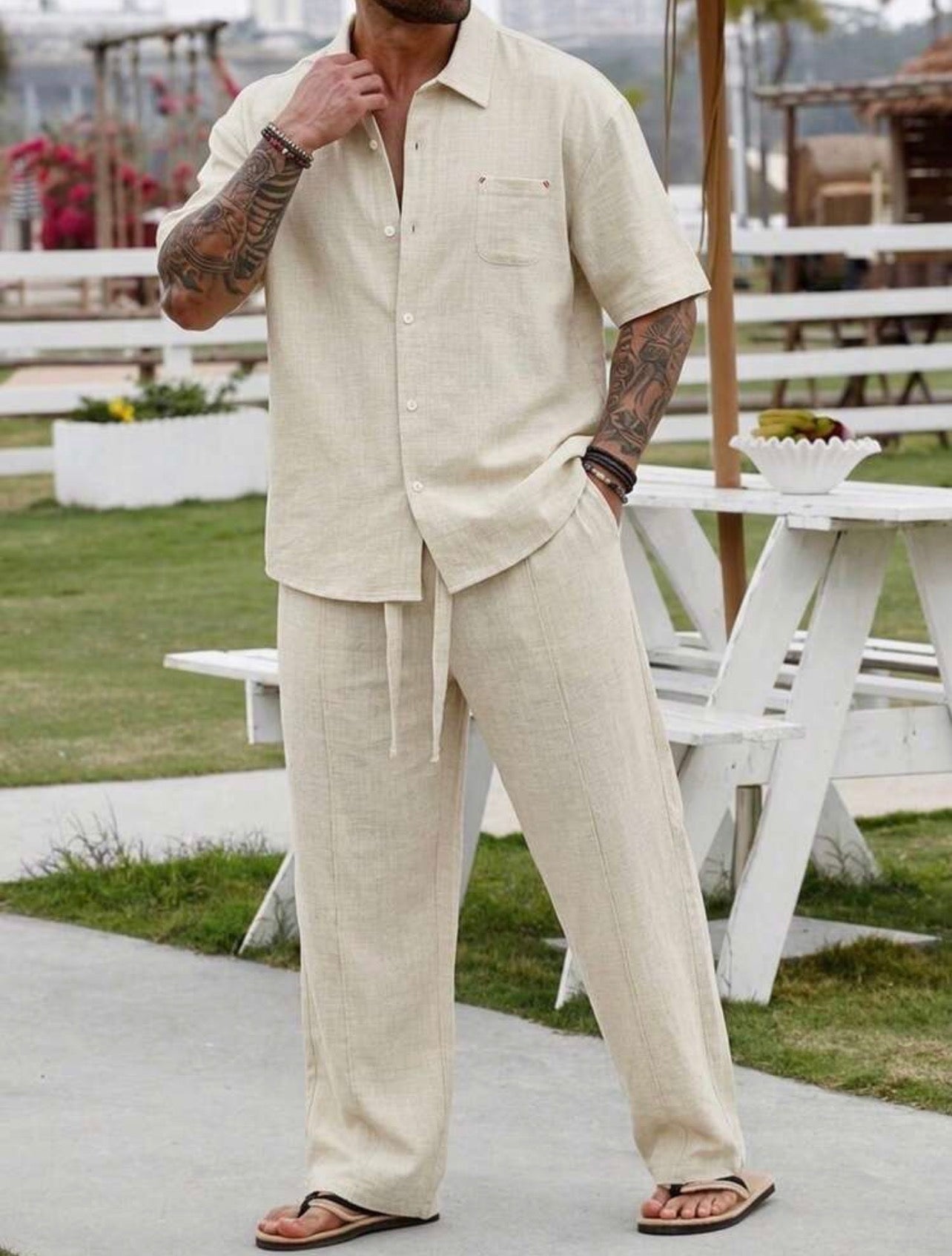 Men’s Linen-Like Vacation Two-Piece Set – Loose Fit Shirt & Long Pants Beach Outfit