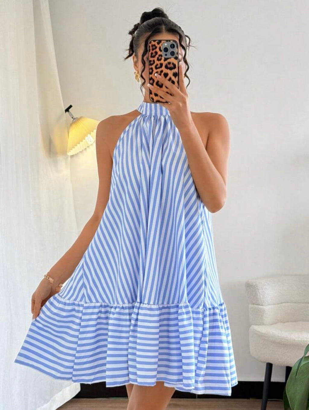 Elegant Halter Neck Sleeveless Cold Shoulder Striped Ruffle Hem Dress
