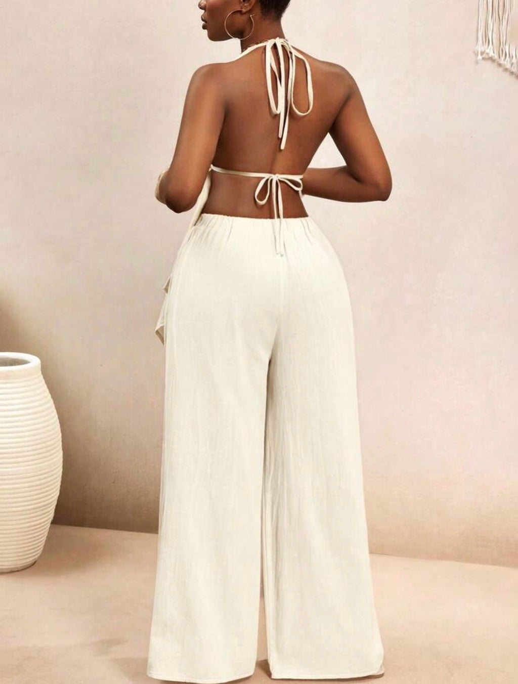 Women’s Bohemian Halter Backless Flowy Top & Wide Leg Pants Casual Vacation Set