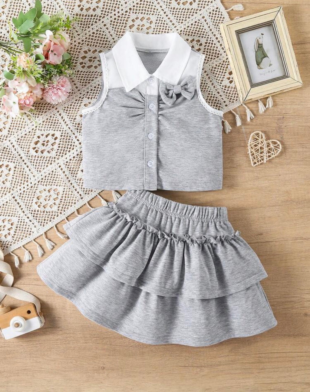 Girls School-Inspired Sleeveless Top & Layered Ruffle Skirt 2-Piece Set with Peter Pan Collar
