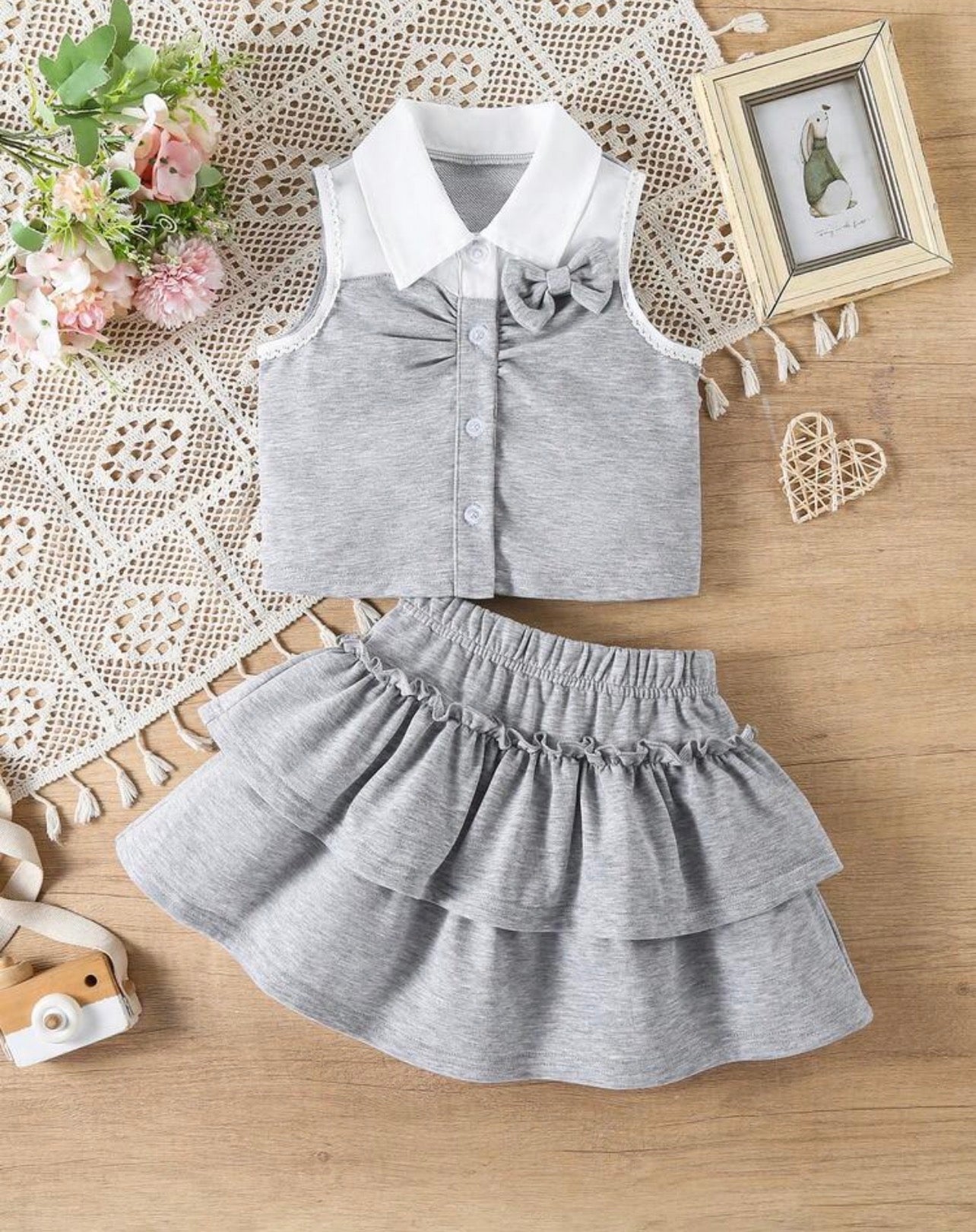 Girls School-Inspired Sleeveless Top & Layered Ruffle Skirt 2-Piece Set with Peter Pan Collar