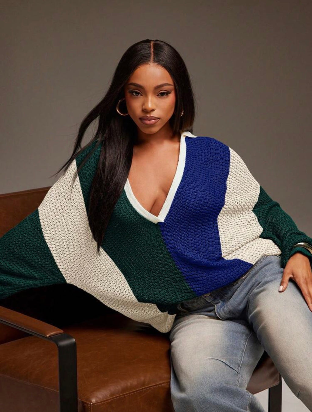 Women’s Collared Oversized Striped Knit Long Sleeve Top – Casual Streetwear