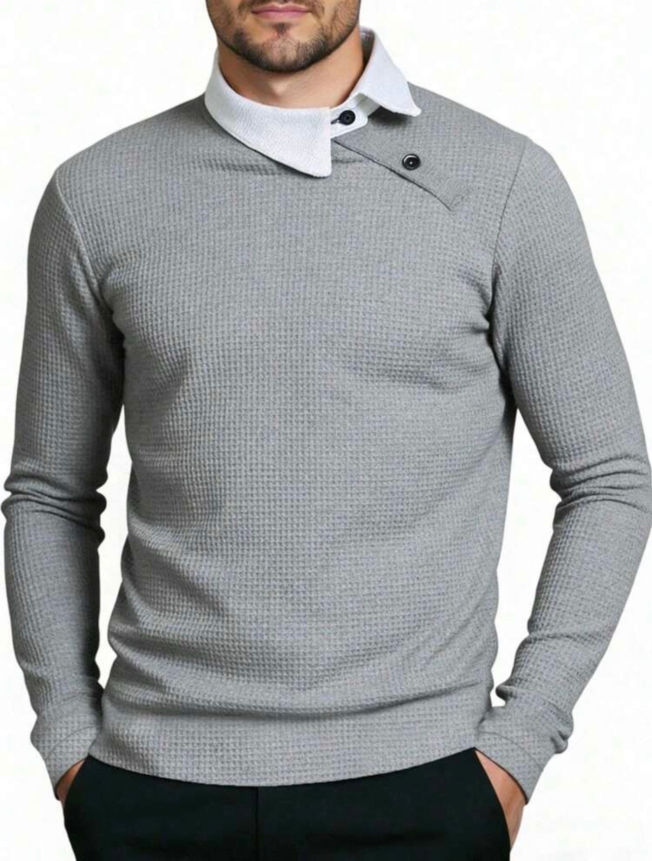 Men’s Contrast Color Long Sleeve Buttoned Knitted Polo Shirt – Casual Business Top