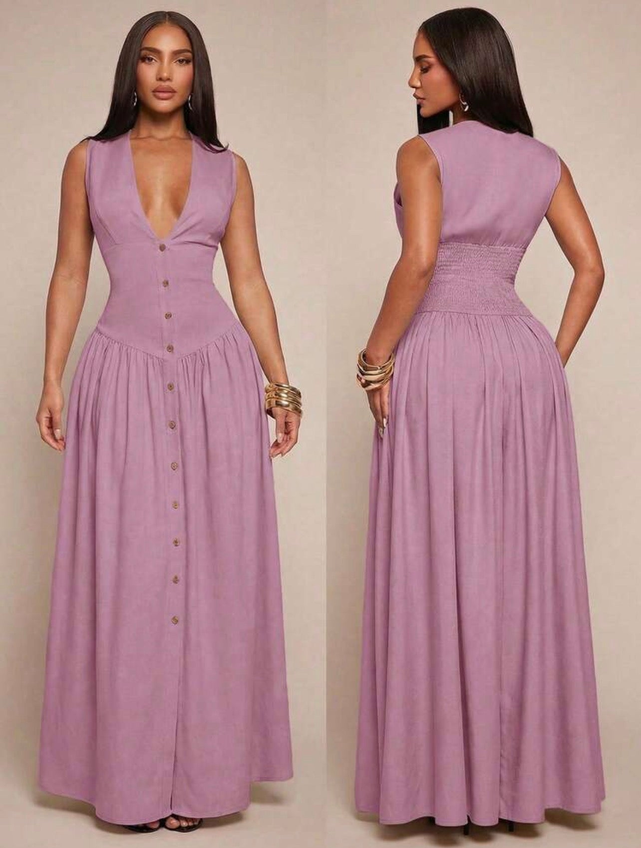 Elegant Minimalist V-Neck Sleeveless Waist-Cinched Button Front Flowy Dress for Women