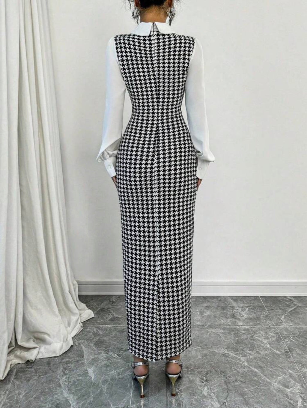 Women’s Houndstooth Patchwork Puff Sleeve Collar Slim Fit Maxi Dress – Elegant Autumn/Winter Style