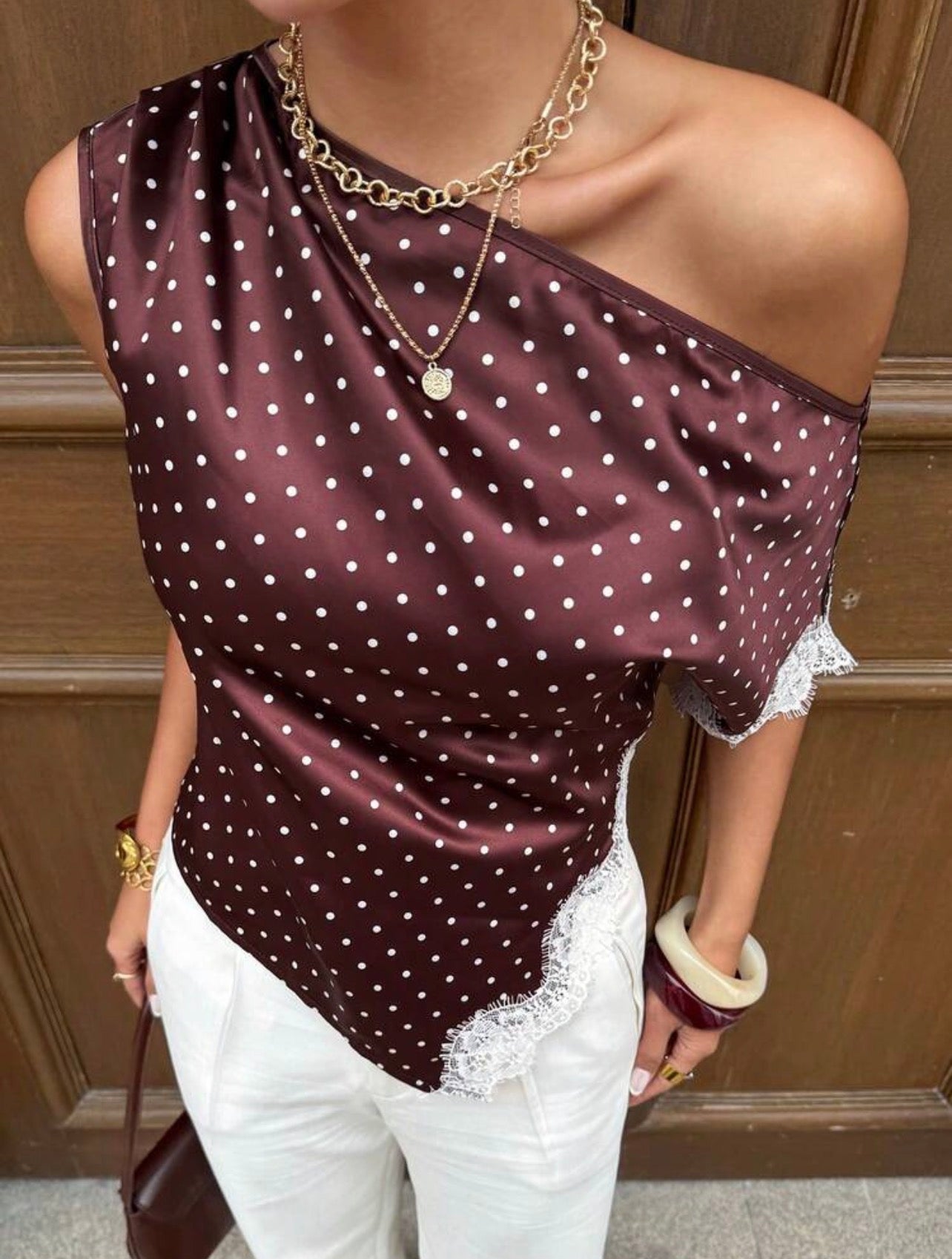 Elegant Satin Lace-Trim One-Shoulder Sleeveless Blouse for Women