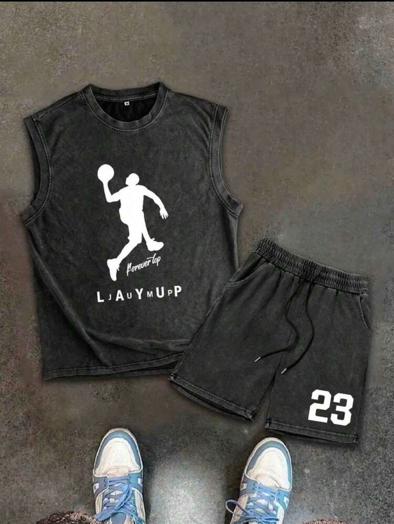 Men’s Vintage Washed Letter Print Tank Top & Shorts Two-Piece Set – Sport Casual Outfit