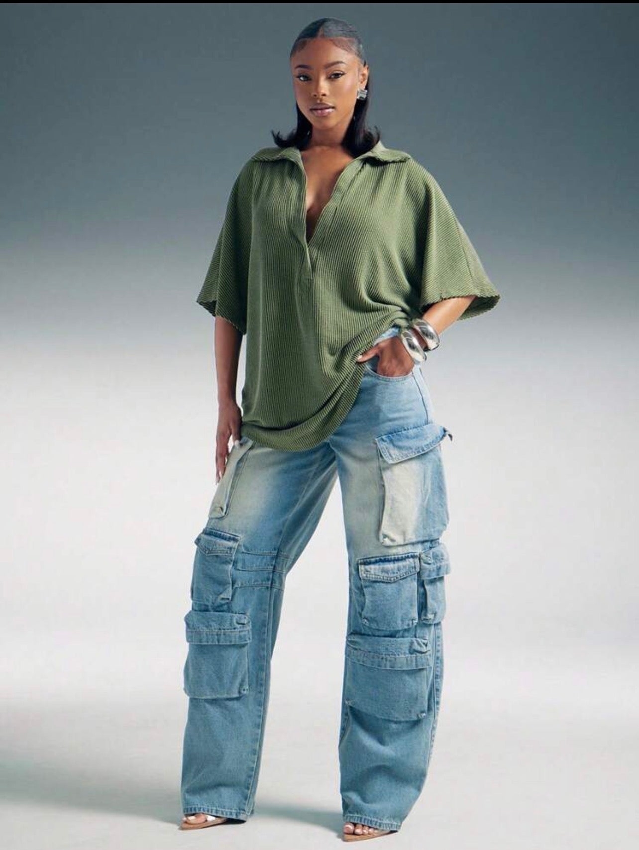 Women’s Plunge Neck Collared Oversized Short Sleeve Top – Casual Fashion Wear