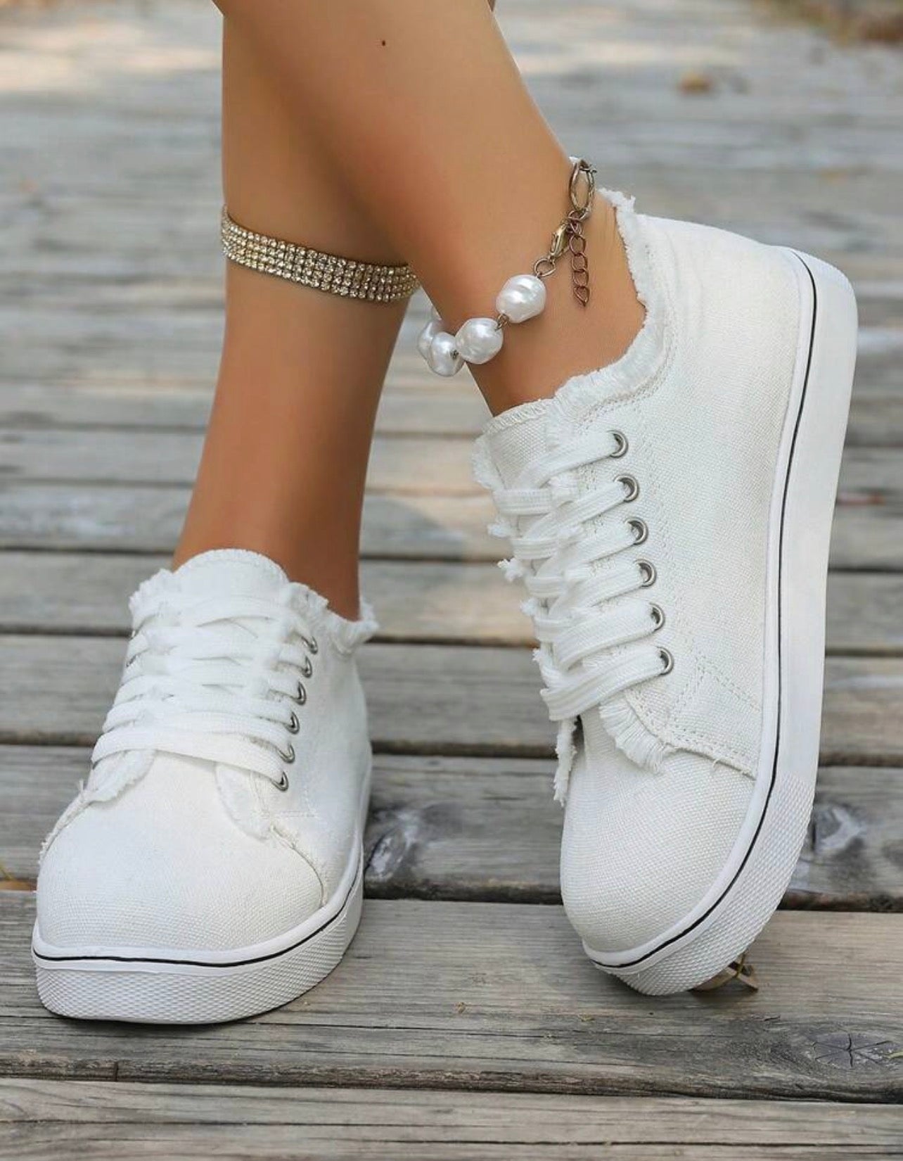 Women’s Round Toe Lace-Up Canvas Sneakers with Frayed Detail for Everyday Casual Wear