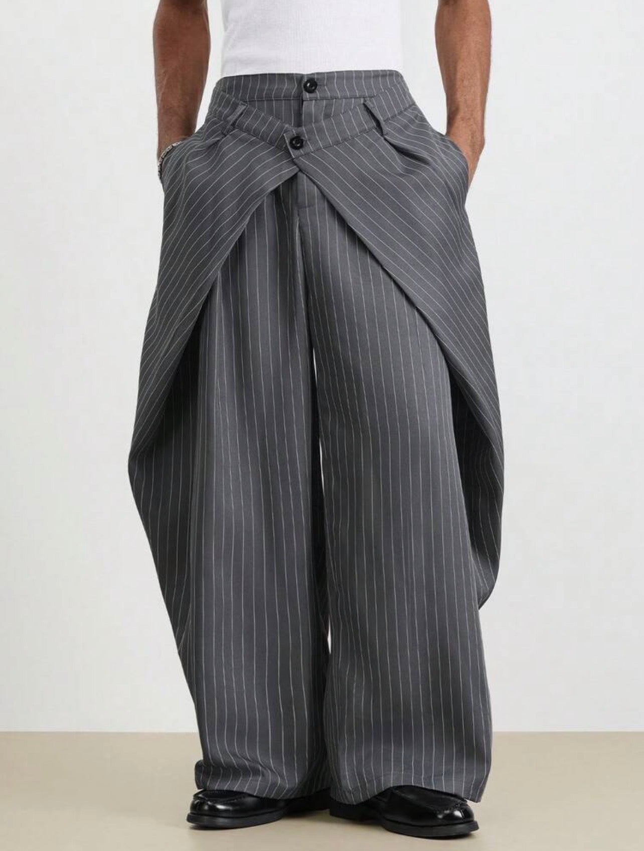 Men’s Yarn-Dyed Pinstripe Wide Leg Trousers – Relaxed Casual Streetwear Pants