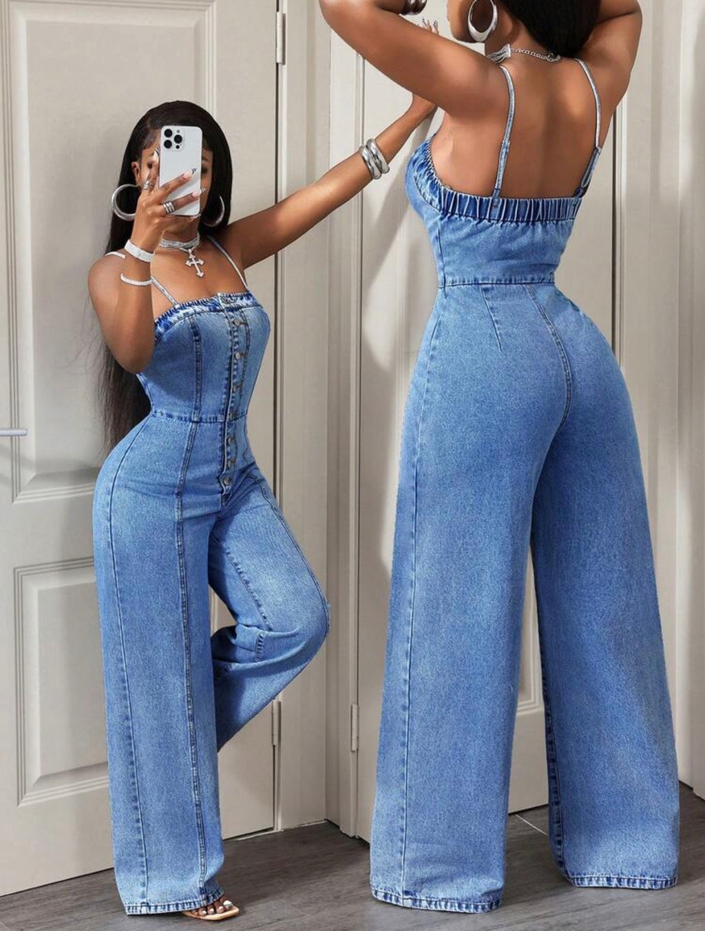 Women’s Front Button Strap Denim Jumpsuit – Casual Cotton One-Piece Outfit