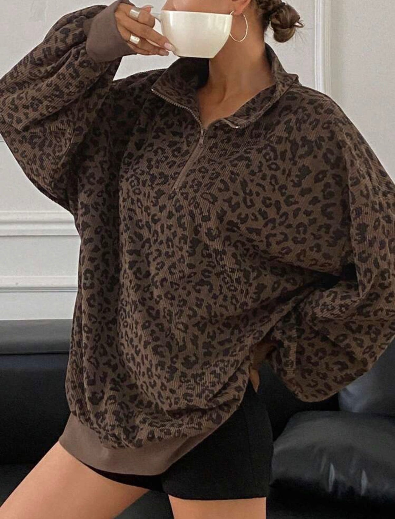 Women’s Leopard Print Zip-Up Long Sleeve Sweatshirt – Casual Fall Jacket Style Top